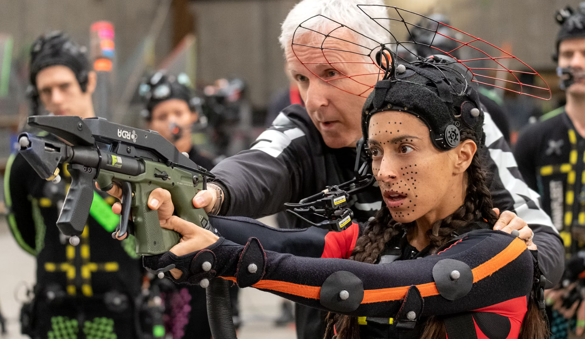 Director James Cameron and Oona Chaplin on the set of 20th Century Studios' AVATAR: FIRE AND ASH. Photo by Mark Fellman. © 2025 20th Century Studios. All Rights Reserved.