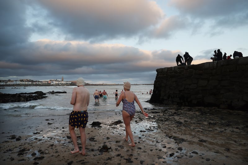 Two swimmers on their way in the water at Sandycove. Photograph: Bryan O’Brien
