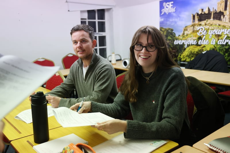 Wesley Mulcahy and Ysabelle Branagan at Conradh na Gaeilge on Camden Street in Dublin. Photograph: Bryan O’Brien