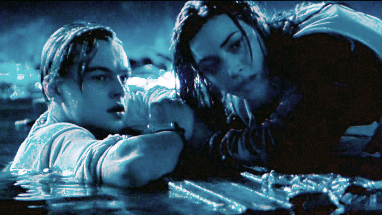 Leonardo DiCaprio as Jack and Kate Winslet as Rose after the Titanic has sunk.