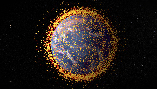 An artist's concept depicting the near-Earth orbital debris field, based on real data from the NASA Orbital Debris Program Office.