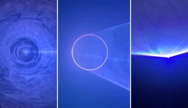 A triptych of abstract blue-toned digital art: the left panel shows a spiral tunnel, the center features a glowing ring intersected by light, and the right displays a glowing line cutting through a hazy blue background.