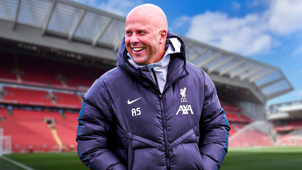 Liverpool manager Arne Slot against a back drop of Anfield.