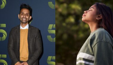 Dr Amir Khan next to woman doing box breathing outside