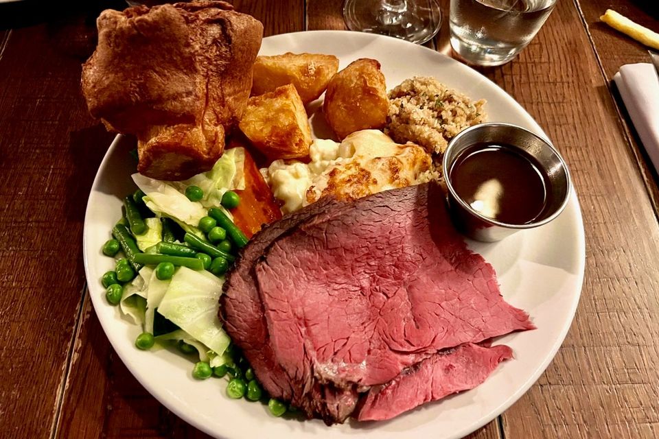 Pat McLoughlin’s dry aged roast beef, buttermilk Yorkshire pudding, duck fat roasties, roast carrots, cabbage and peas, cauliflower cheese, sage, confit onion, walnut and apricot stuffing, gravy. Photo: Lucinda O’Sullivan