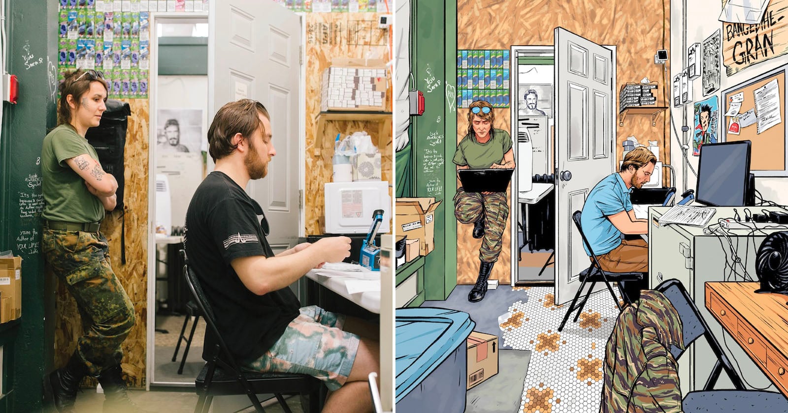 A split image shows a man working at a desk while a woman stands nearby; the left side is a photo, and the right side is a detailed, colorful illustration of the same scene in a small, cluttered room.