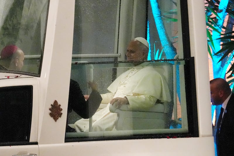 Pope Leo XIV arrives in the popemobile at the Lebanese presidential palace to meet with president Joseph Aoun in Beirut on Sunday. Photograph: Adri Salido/Getty