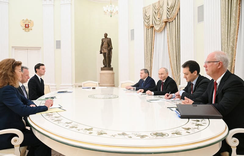 Russia's president Vladimir Putin (centre-right), accompanied by Kremlin economic envoy Kirill Dmitriev and Kremlin aide Yuri Ushakov, meets with US special envoy Steve Witkoff and US president Donald Trump's son-in-law Jared Kushner at the Kremlin in Moscow. Photograph: Kristina Kormilitsyna/AFP via Getty Images