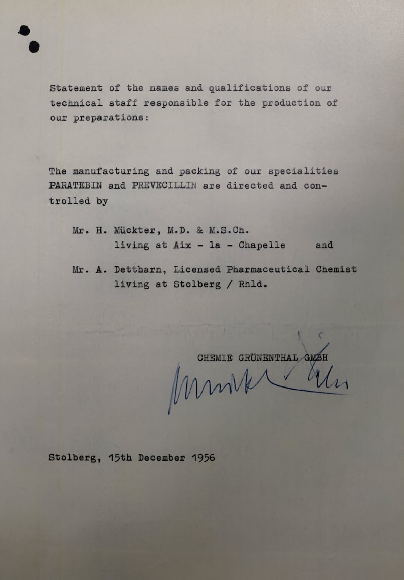 Document dated September 1956 concerned with the sale of Grünenthal products Paratebin and Prevecillin in the Republic. Photograph: Nick Bradshaw