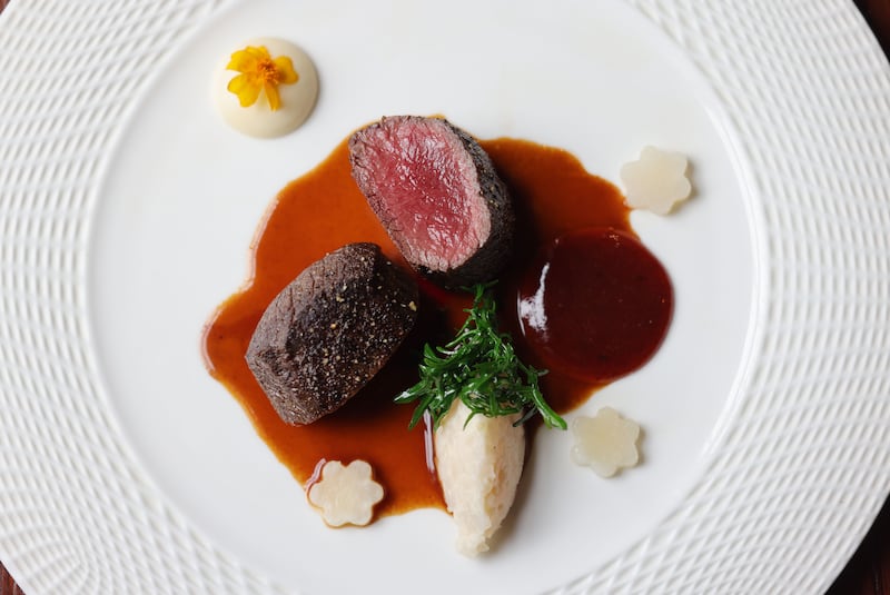 Loin and Shoulder of Wild Sika Deer, Fresh Hazelnut Kluski, White Turnip, Damson