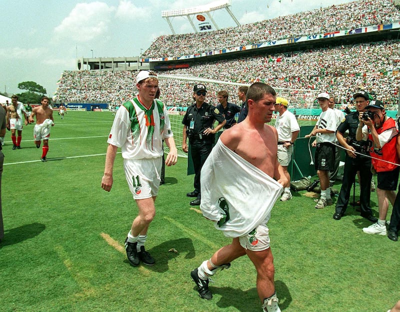 Ireland’s Roy Keane and Steve Staunton leave the pitch after the game in 1994. Photograph: Billy Stickland/Inpho
