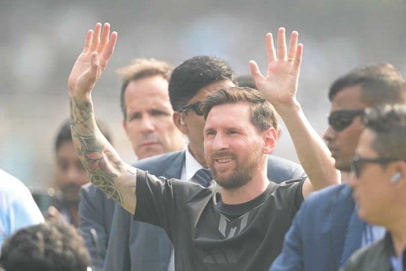 Lionel Messi arrives at the Salt Lake Stadium in Kolkata before the chaotic scenes. Photograph: Dibyangshu SARKAR / AFP via Getty Images