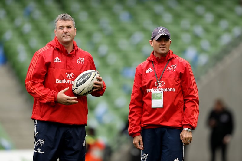 Anthony Foley and Jacques Nienaber ahead of a Pro12 game between Munster and Leinster at the Aviva Stadium in October 2016. Photograph: Billy Stickland/Inpho