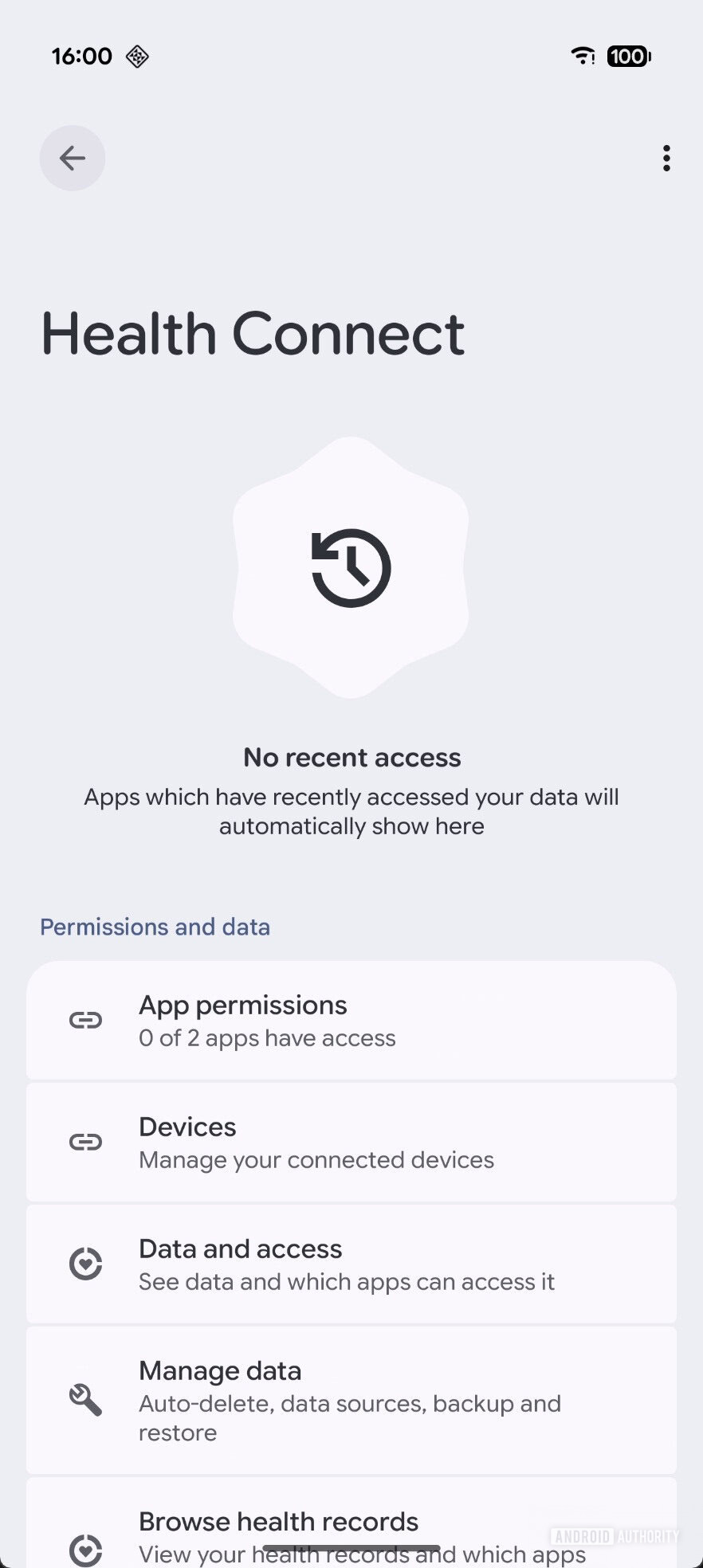 Old Health Connect page without recent activity