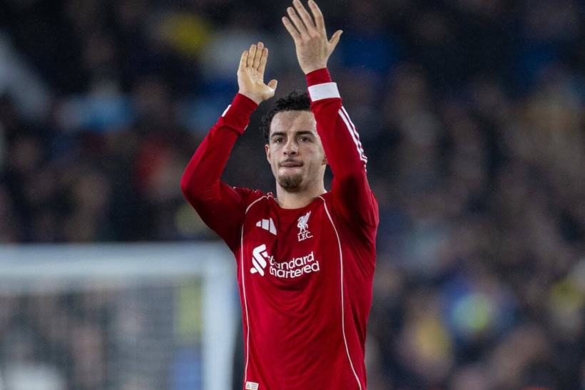 LEEDS, ENGLAND - Saturday, December 6, 2025: Liverpool's Curtis Jones applauds the travelling supporters after the FA Premier League match between Leeds United FC and Liverpool FC at Elland Road. (Photo by David Rawcliffe/Propaganda)