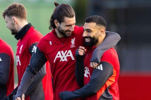 LIVERPOOL, ENGLAND - Monday, December 8, 2025: Liverpool's Dominik Szoboszlai (L) and Mohamed Salah during a training session at the AXA Training Centre ahead of the UEFA Champions League match between FC Internazionale Milano and Liverpool FC. (Photo by Jessica Hornby/Propaganda)