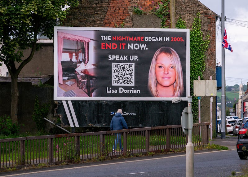 A billboard in Newtownards, Co Down, in April 2024, highlighting the disappearance of Lisa Dorrian 20 years ago. Photograph: Sarah Harkness/Pacemaker Press
