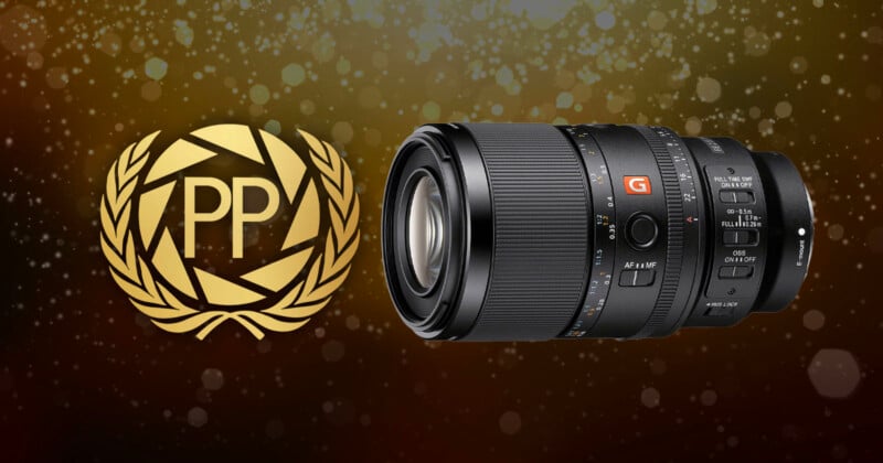 A professional camera lens sits next to a gold laurel wreath logo with the letters "PP" on a dark background with bokeh light effects.