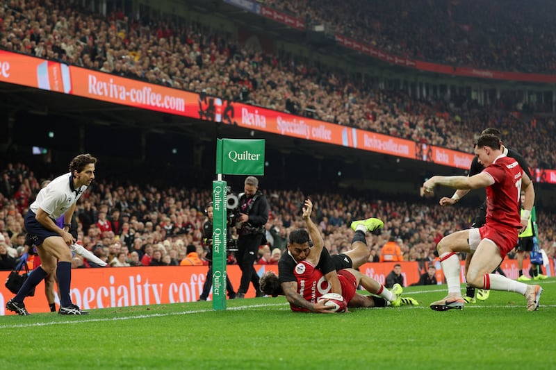 New Zealand's Rieko Ioane scores against Wales at the Principality Stadium in Cardiff. Photograph: Adrian Dennis/AFP via Getty