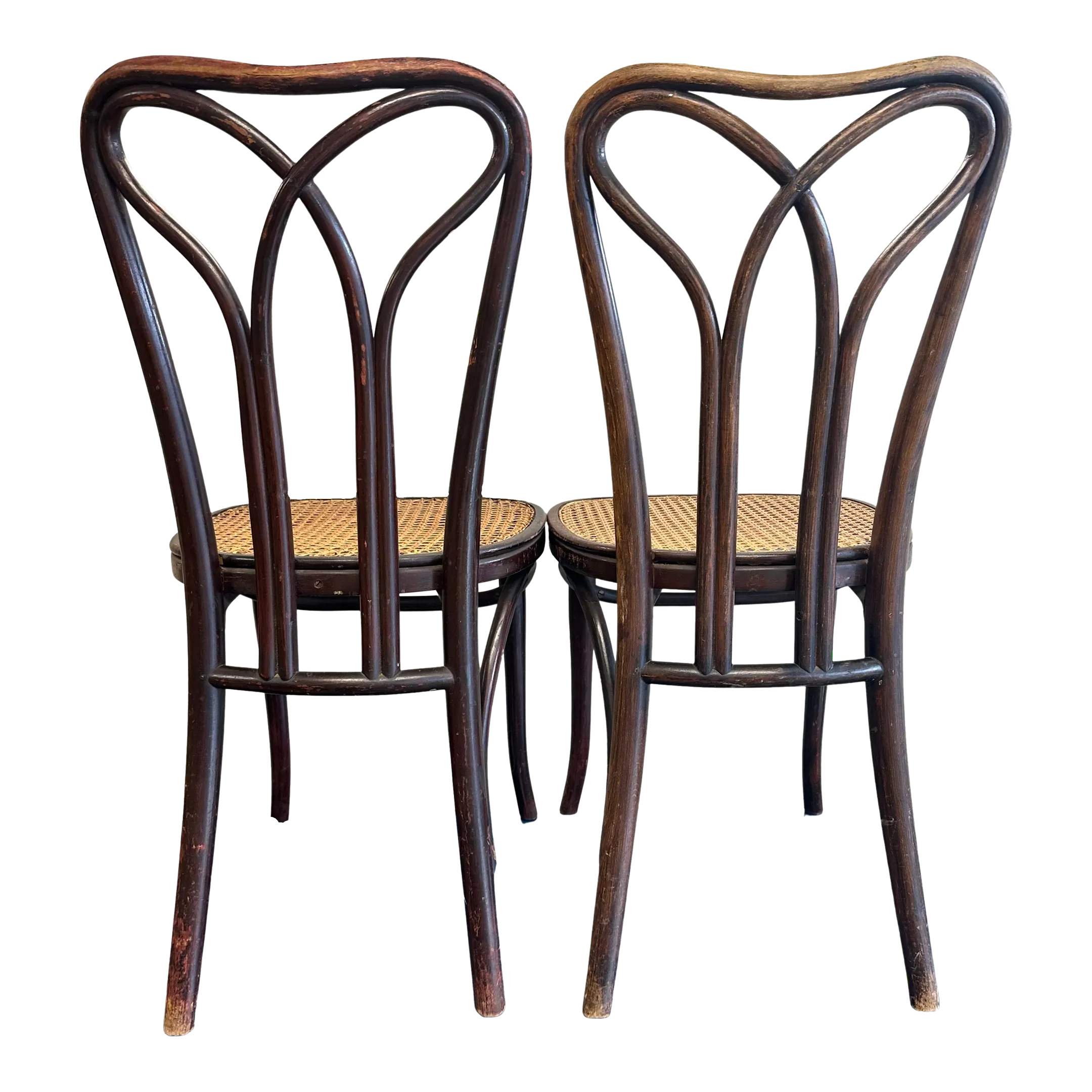 Pair Pre-1920 Thonet Bentwood and Cane Dining Chairs With Loop Shaped Leg Braces