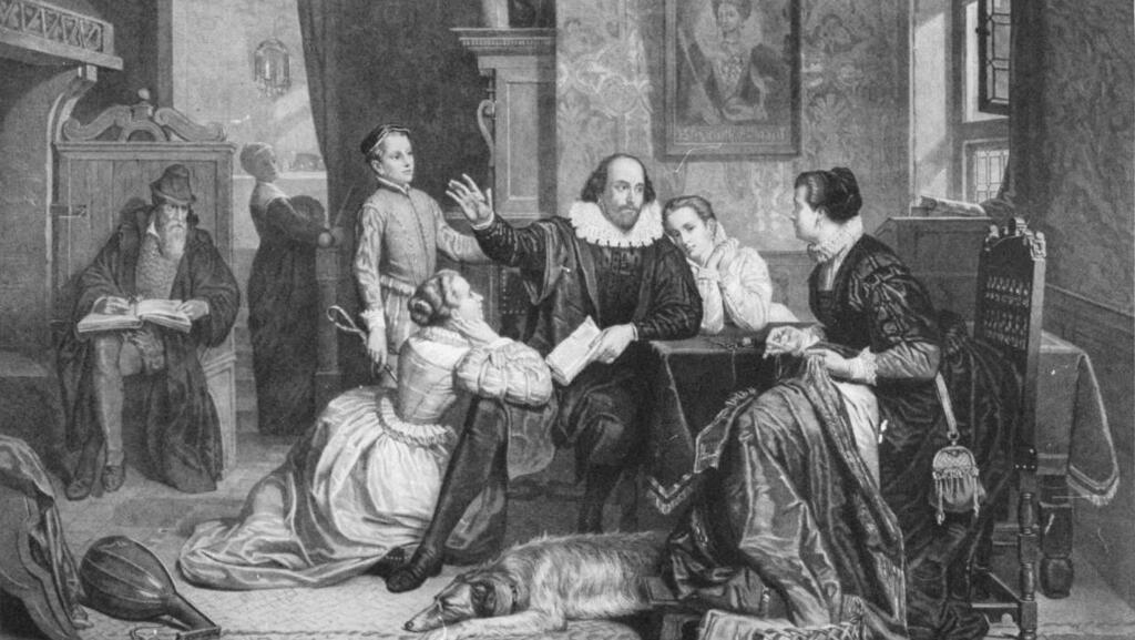 A 19th-century German engraving showing Shakespeare as a family man, surrounded by his wife Anne and children listening to his stories (Photo: By Perine, George Edward, 1837-1885, printmaker. - engraved for the Eclectic by Perine & Giles., Public Domain) תחריט גרמני מהמאה ה-19 שבו נראה שייקספיר כאיש משפחה מוקף באשתו אן ובילדיו, המקשיבים לסיפוריו
