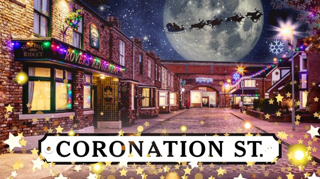 The Coronation Street logo in front of the street, which is covered in Christmas light illustrations with Santa's sleigh flying over the rooftops in the distance.