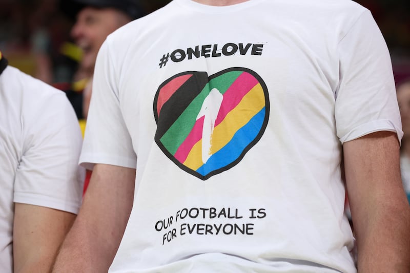 A Belgium supporter wearing a OneLove shirt ahead of their nation's match against Canada at the 2022 World Cup in Qatar. Photograph: Alex Livesey - Danehouse/Getty Images
