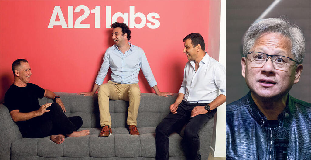 AI21 founders and Jensen Huang. (Photo: AI21 Labs, Bloomberg) ג'נסן הואנג ו ai21 מימין מייסדי AI21 Labs אמנון שעשוע אורי גושן ופרופ' יואב שוהם