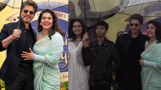 Shah Rukh Khan and Kajol pose with Yug and Nysa Devgan.