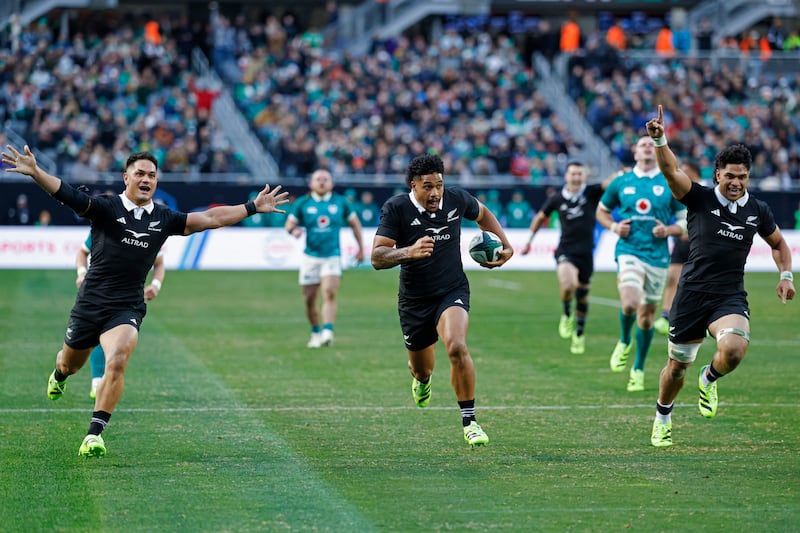 New Zealand's players celebrate after defeating Ireland. Photograph: Kamil Krzaczynski/AFP via Getty