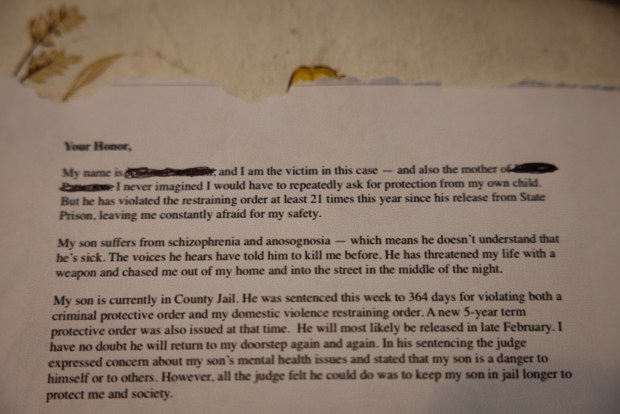 A statement made by Jo, 84, requesting the renewal of a domestic violence restraining order, made to a judge on Nov. 19, 2025. (Ana Ramirez / The San Diego Union-Tribune)