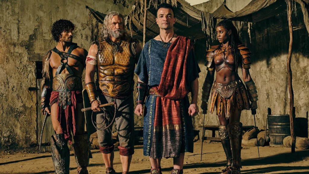 The cast of "Spartacus: House of Ashur" in their period costuming (left to right: Jordi Webber as Tarchon, Graham McTavish as Korris, Nick E. Tarabay as Ashur and Tenika Davis as Achillia