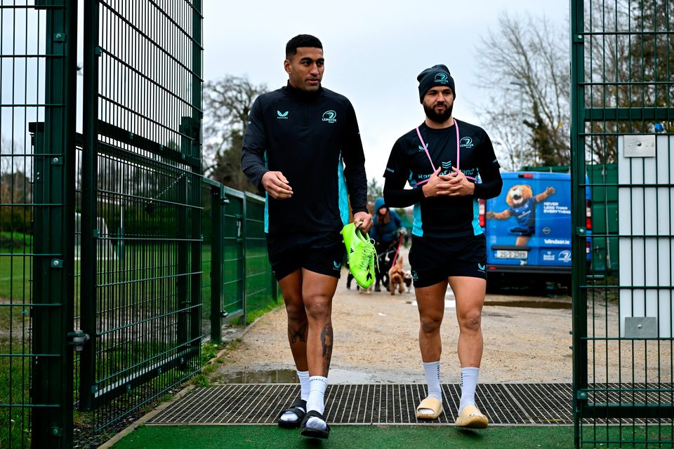 Rieko Ioane, left, and Jamison Gibson-Park arrive before a Leinster Rugby squad training at UCD in Dublin. Photo by Sam Barnes/Sportsfile