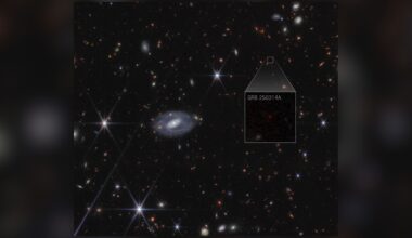 A deep space image showing various colored stars and galaxies, with a boxout showing a supernova with the label GRB 250314A, in white text