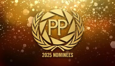 A gold emblem with "PP" in the center and laurel branches around it, above the text "2025 Nominees," set against a sparkling, bokeh light background.