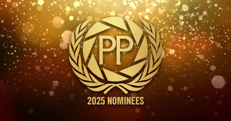 A gold emblem with "PP" in the center and laurel branches around it, above the text "2025 Nominees," set against a sparkling, bokeh light background.