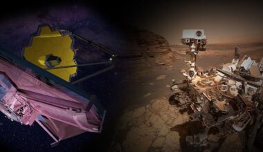 Image composited from an image of Curiosity in a rocky Mars landscape and Webb Telescope  over a star filled background