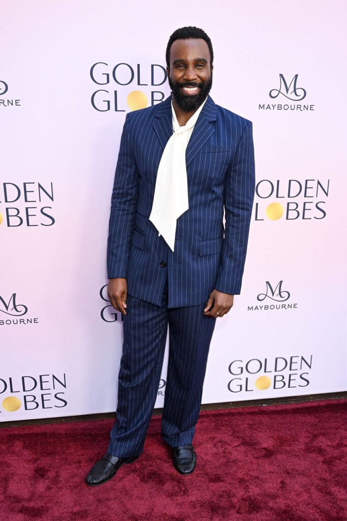 Tramell Tillman, Severance, Tramell Tillman style, Golden Globes First-Time Nominees Luncheon, AMI Paris custom, menswear scarf shirt, awards season fashion