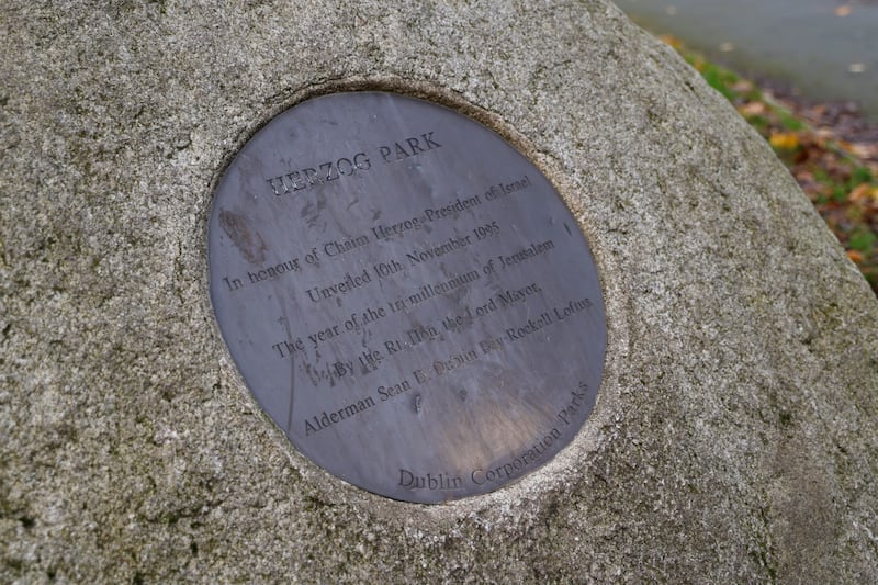 A commemorative plaque at Herzog Park in Rathgar, Dublin. Photograph: Nick Bradshaw