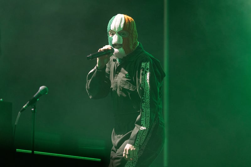 DJ Próvaí performing with Kneecap in the 3Arena on Tuesday. Photograph: Chris Maddaloni