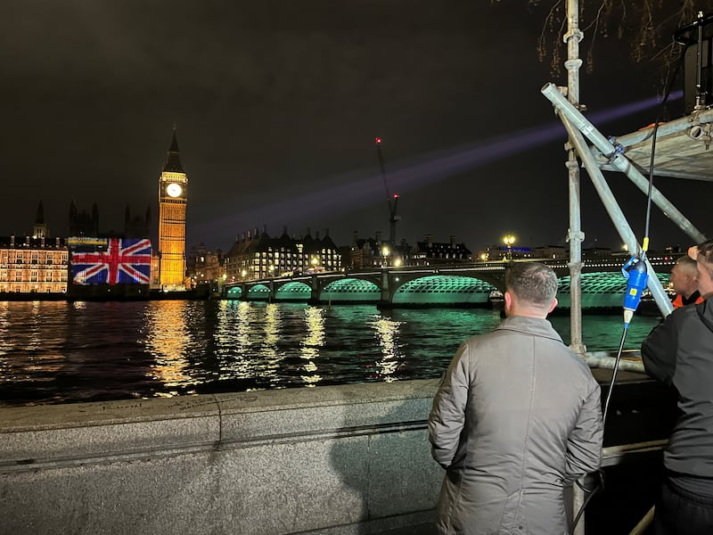 Tommy Robinson opposite the Houses of Parliament in London. Photograph: Mark Paul