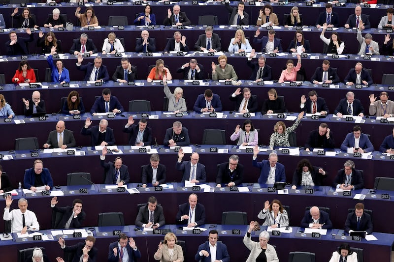 Members of the European Parliament vote during a plenary session at the European Parliament in Strasbourg on March 12th, 2025. Photograph: Frederick Florin/AFP via Getty Images         