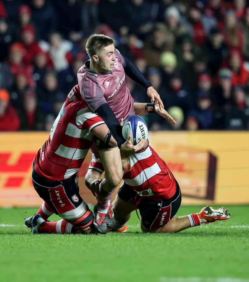 Munster's Jack Crowley is tackled by Gloucester’s Jack Innard. Photograph: Dan Sheridan/Inpho
