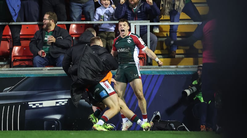 Leicester's Adam Radwan celebrates scoring a try. Photograph: James Crombie/Inpho