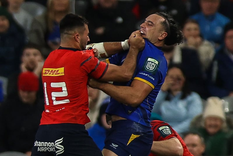 Tempers flare between Munster’s Dan Kelly and Leinster’s James Lowe at Croke Park in October. Photograph: Tom Maher/Inpho
