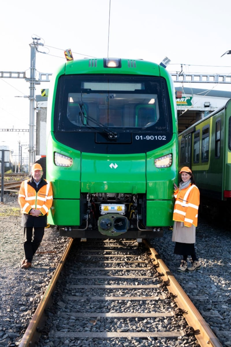 Minister for Transport Darragh O'Brien and Irish Rail CEO Mary Considine with a new Dart carriage. Photograph: Department of Transport