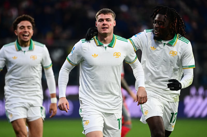 Roma's forward Evan Ferguson celebrates after scoring against US Cremonese, his only Serie A goal so far. Photograph: Piero Cruciati/AFP via Getty