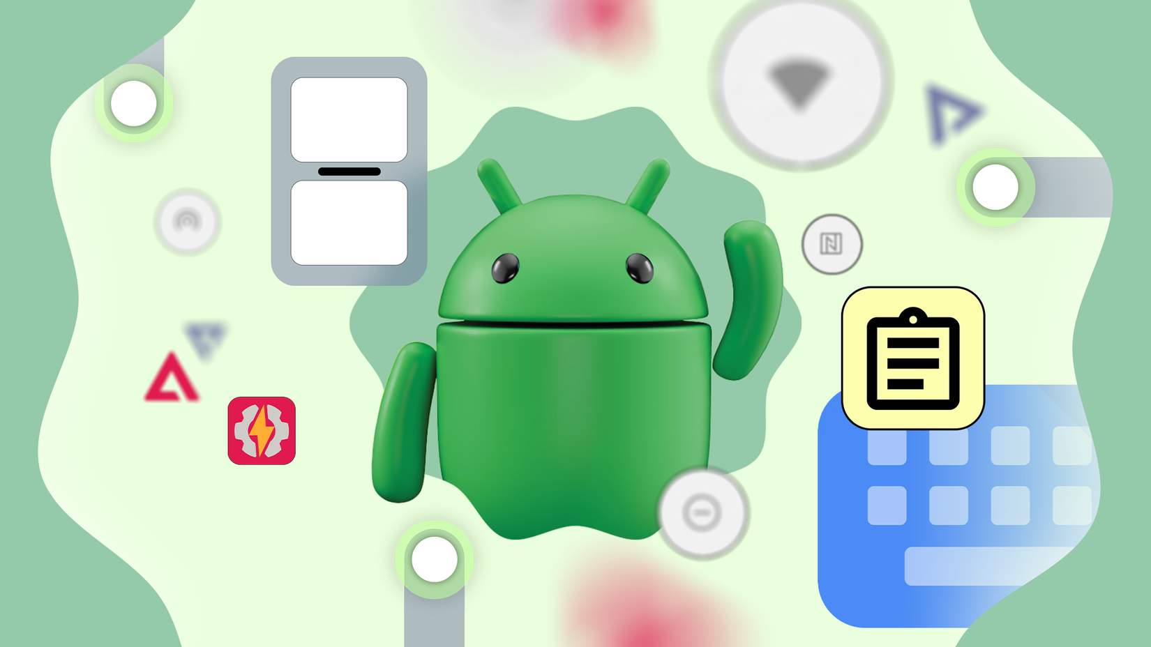 A 3D Android mascot surrounded by icons representing features such as split-screen, clipboard history, quick settings, automation, and gesture navigation.