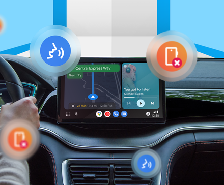 A car dashboard displaying Android Auto navigation and music controls, with floating icons for voice commands and phone.