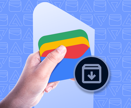 A hand holding the Google Wallet logo, with an archive icon beside it.